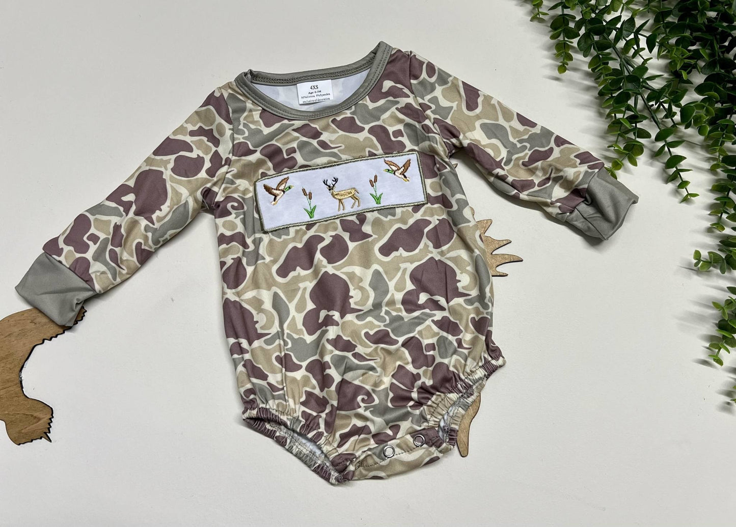 Baby Boy Duck Deer Applique Camouflage Romper
