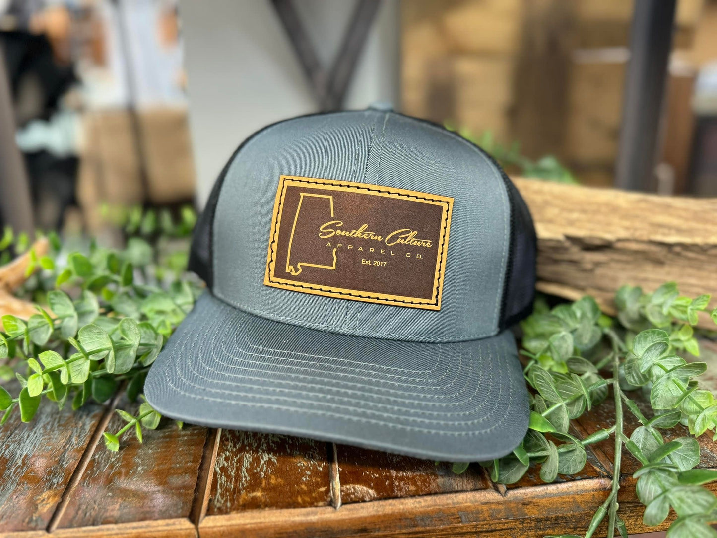 Southern Culture Dark Plain AL State Leather Patch Snapback Hat