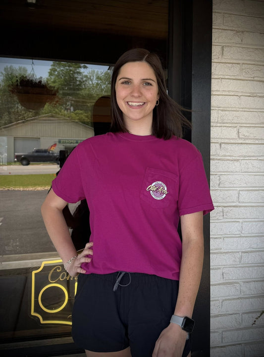 Old Row Outdoors Women's Boysenberry Circle Logo W Light Lavender/Green Pocket S/S TEE Shirt