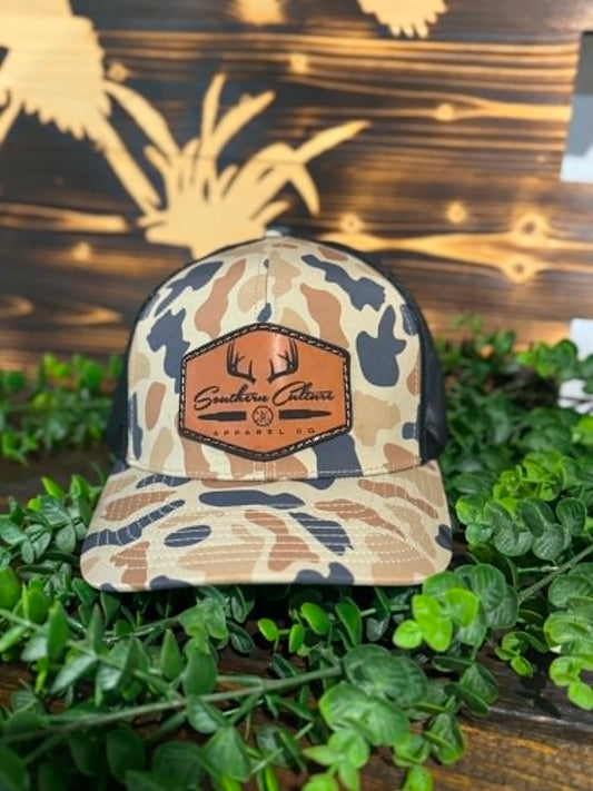 Southern Culture Antlers & Bullet Dark Leather Patch Snapback Hat