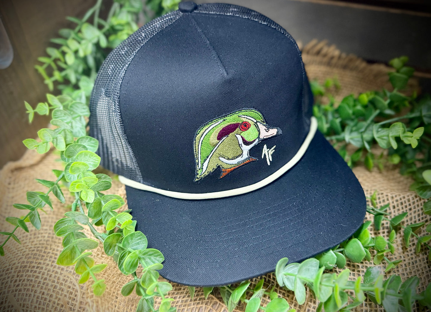 American Fetcher Wood Duck Head Rope Snapback Hat