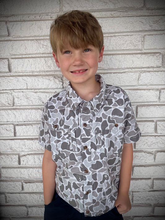 Fieldstone Outdoors Youth Marsh Camo Button Down S/S Shirt