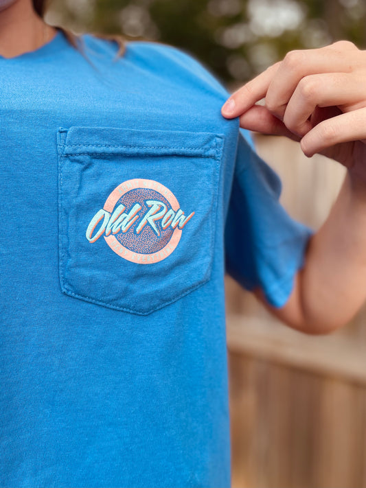 Old Row Outdoors Women's Mystic Blue W Pink Logo Pocket S/S TEE Shirt