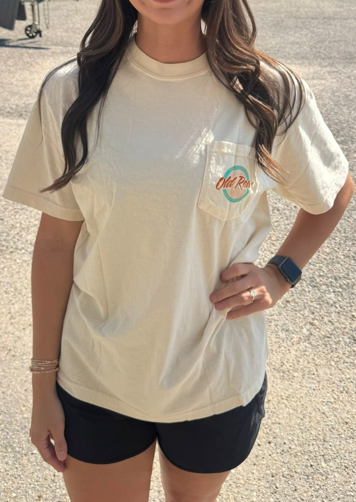 Old Row Outdoors Women's Circle Logo Pocket Ivory w Seafoam/Orange S/S TEE Shirt