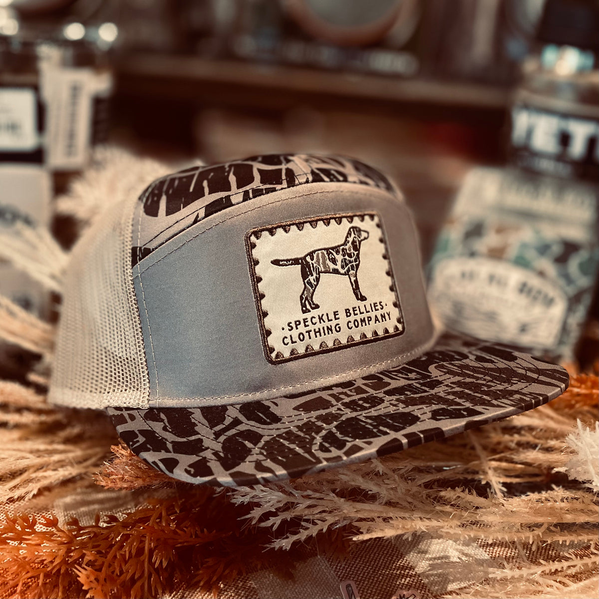 Speckle Bellies Camo Dog Stamp Patch 7 Panel Snapback Hat