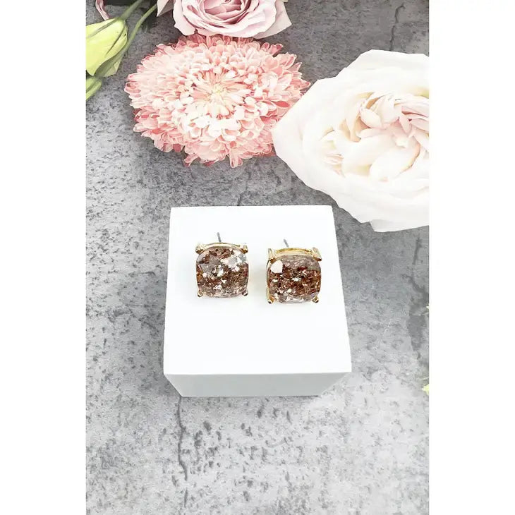 Cushion Cut Glitter Epoxy Stud Earrings