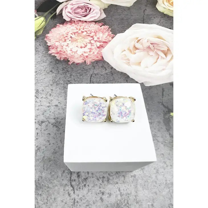 Cushion Cut Glitter Epoxy Stud Earrings