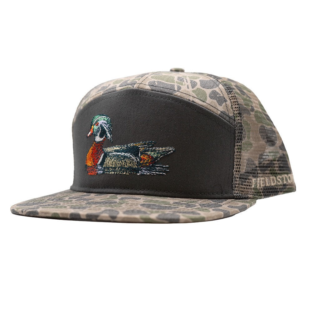 Fieldstone Outdoors Youth Embroidered Wood Duck Backwoods Camo 7 Panel Snapback Hat