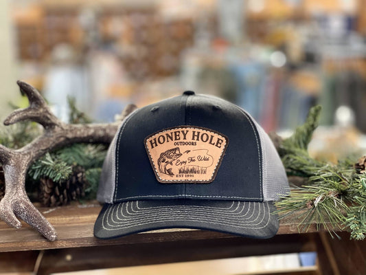 Honey Hole Outdoors Bass Bite Leather Patch Snapback Hat