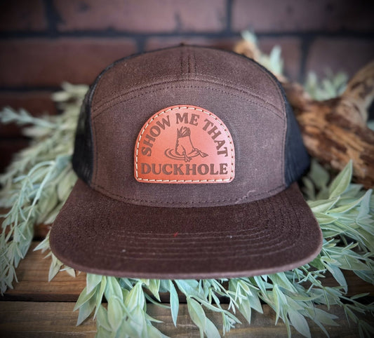 Huck Outdoors Show Me That Duckhole Leather Patch 7 Panel Snapback Hat - Waxed Brown - 1