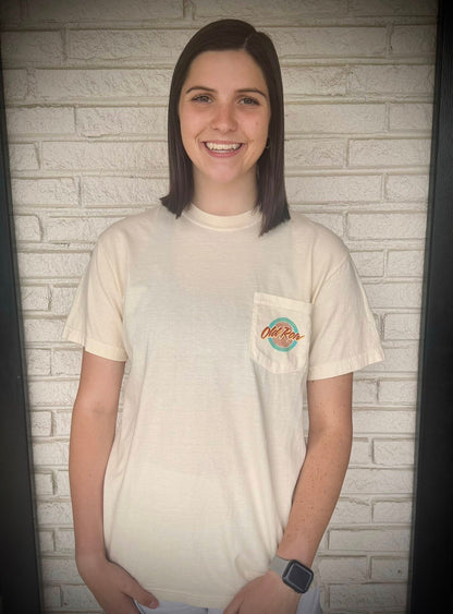 Old Row Outdoors Women's Circle Logo Pocket Ivory w Seafoam/Orange S/S TEE Shirt