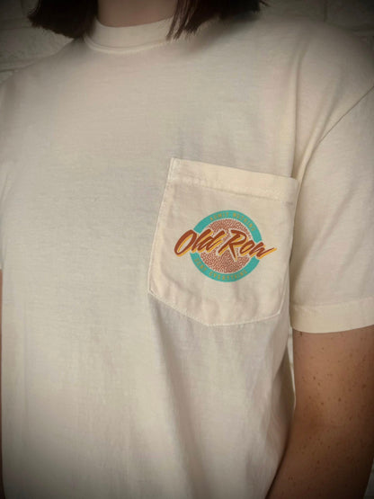 Old Row Outdoors Women's Circle Logo Pocket Ivory w Seafoam/Orange S/S TEE Shirt