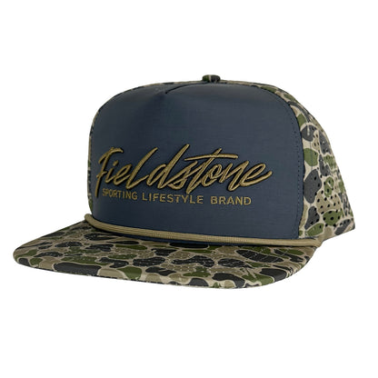 Fieldstone Outdoors Script Logo Backwoods Camo Bill Rope Snapback Hat