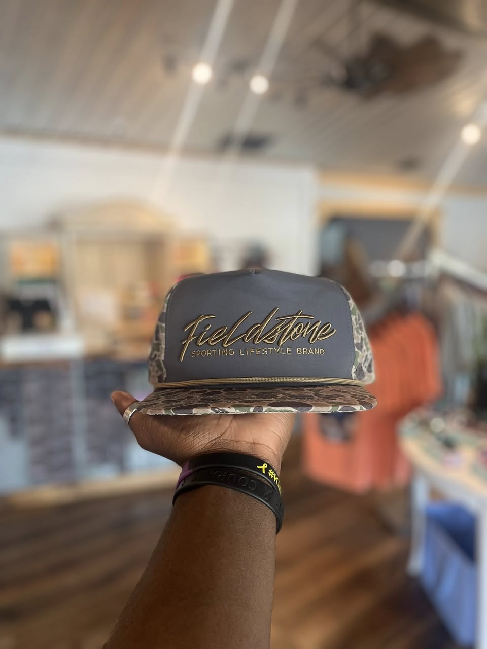 Fieldstone Outdoors Script Logo Backwoods Camo Bill Rope Snapback Hat
