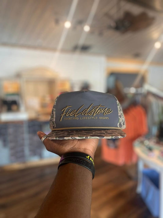Fieldstone Outdoors Script Logo Backwoods Camo Bill Rope Snapback Hat