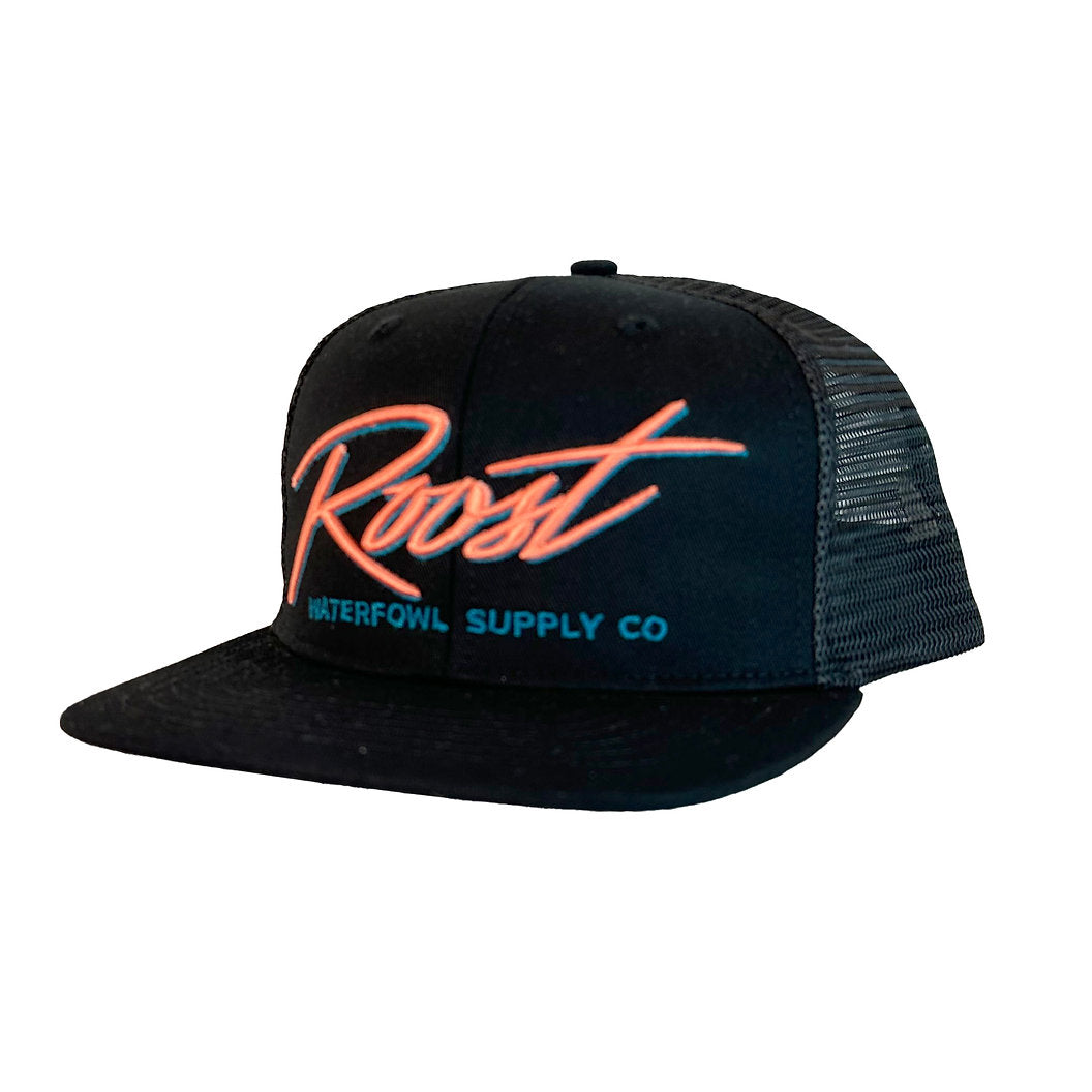 Roost Waterfowl Pink Script Logo 7 Panel Snapback Hat - Black - 1