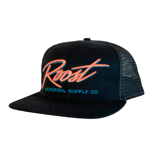Roost Waterfowl Pink Script Logo 7 Panel Snapback Hat - Black - 1