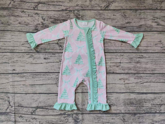 Baby Infant Girls Christmas Pink Bows Trees Zip Bamboo Rompers