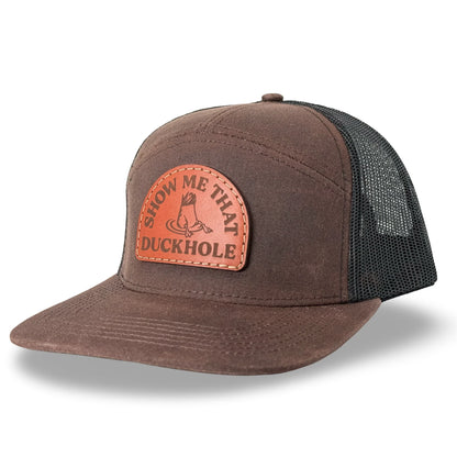 Huck Outdoors Show Me That Duckhole Leather Patch 7 Panel Snapback Hat - Waxed Brown - 1