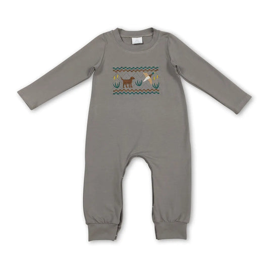 Baby Boy Hunting Dog Duck Grey Long Sleeves Romper