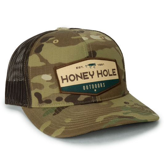 Honey Hole Outdoors Brown OG Hex Woven Patch Snapback Hat