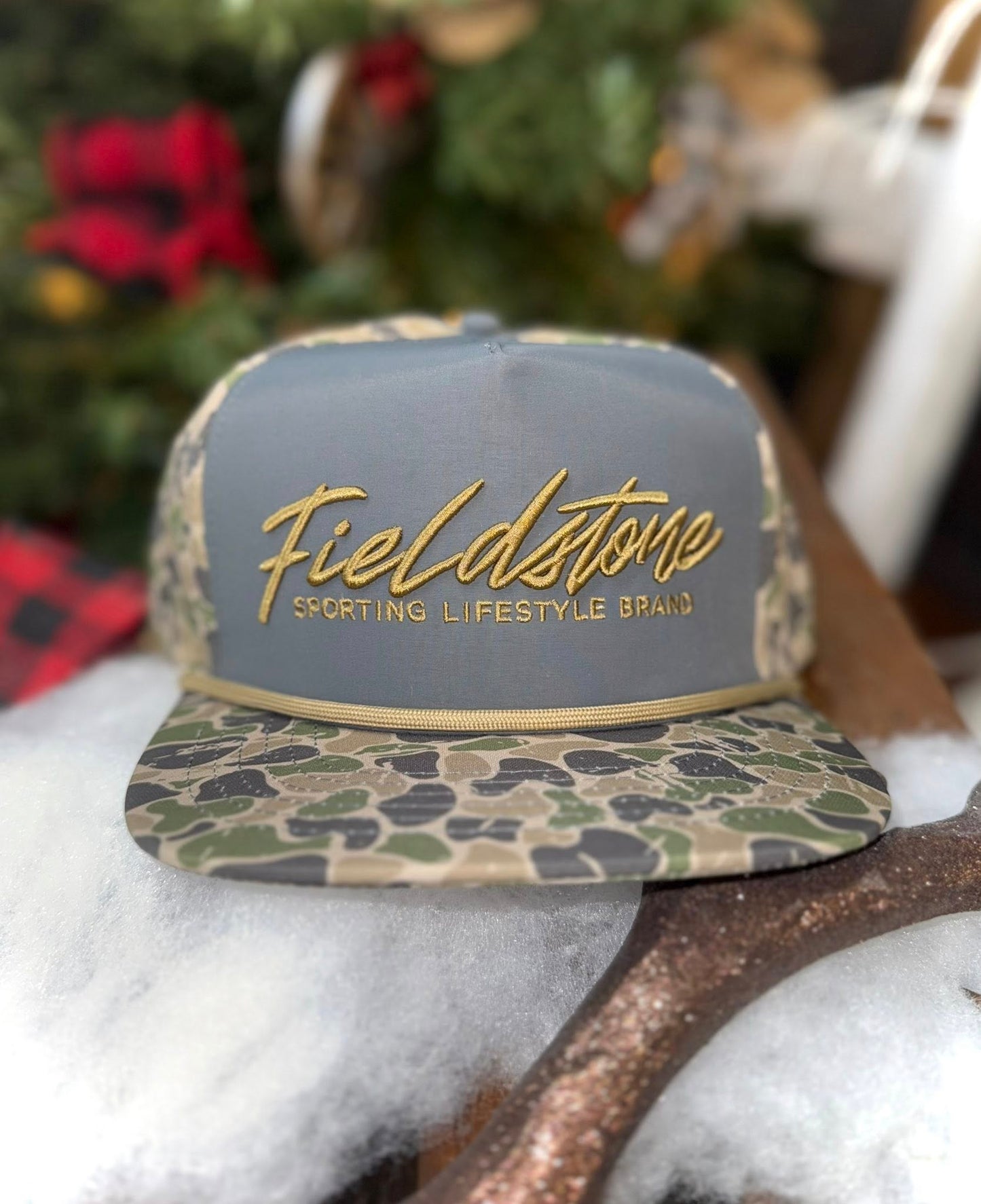 Fieldstone Outdoors Script Logo Backwoods Camo Bill Rope Snapback Hat