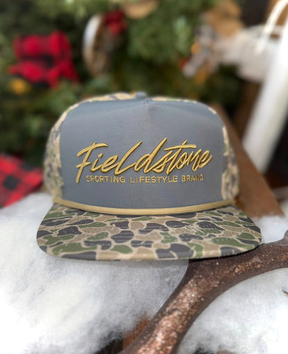 Fieldstone Outdoors Script Logo Backwoods Camo Bill Rope Snapback Hat