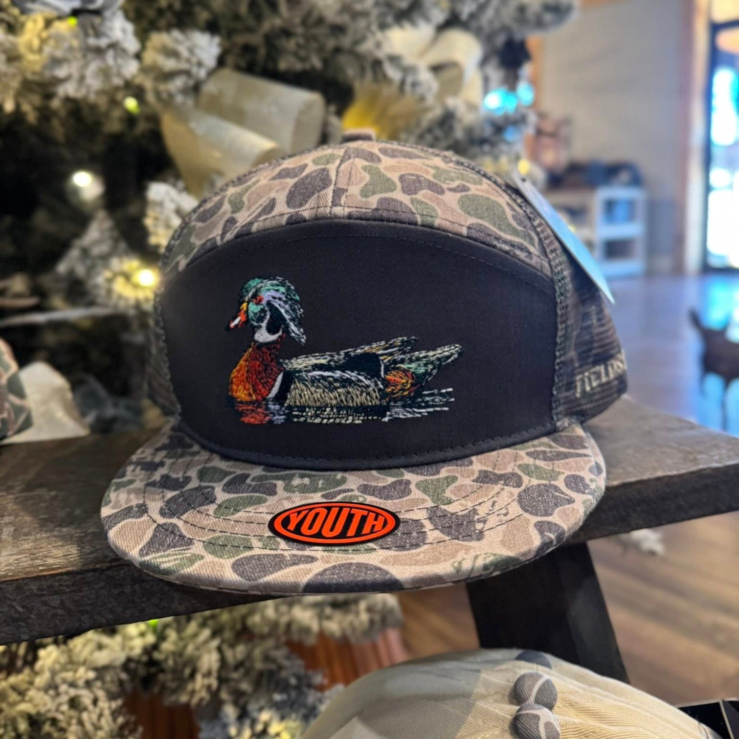 Fieldstone Outdoors Youth Embroidered Wood Duck Backwoods Camo 7 Panel Snapback Hat