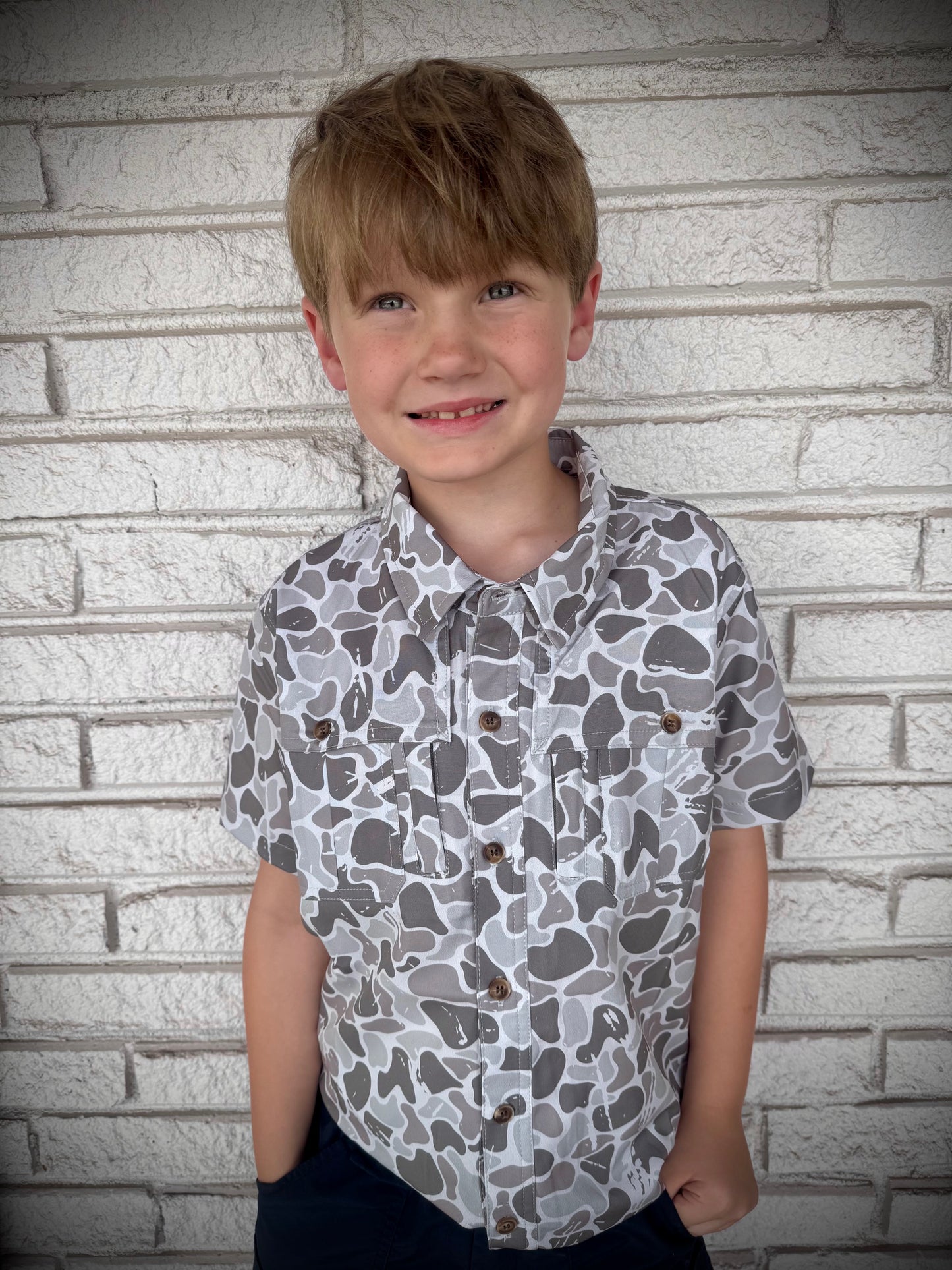 Fieldstone Outdoors Youth Marsh Camo Button Down S/S Shirt