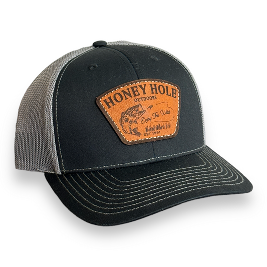 Honey Hole Outdoors Bass Bite Leather Patch Snapback Hat