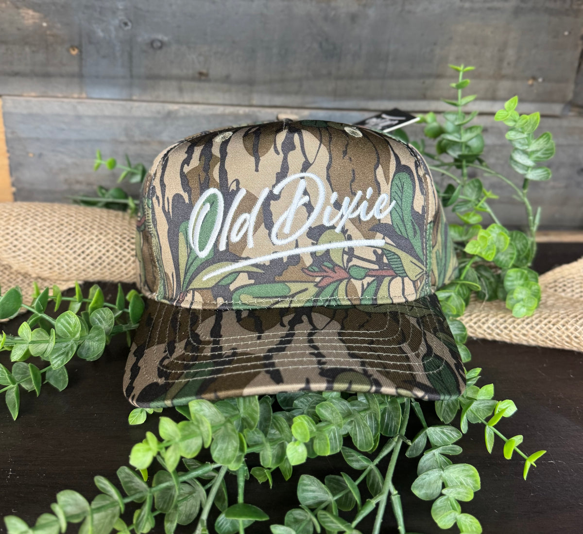 Old Dixie Greenleaf Camo Script Logo Snapback Hat