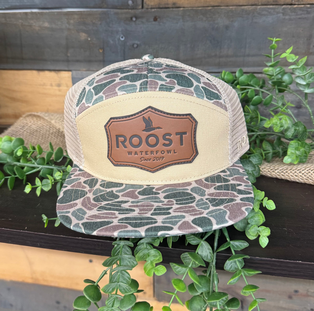 Roost Waterfowl Roost Camo Shield Leather Patch 7 Panel Snapback Hat