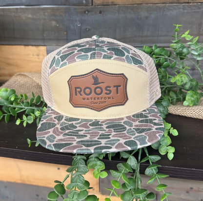 Roost Waterfowl Roost Camo Shield Leather Patch 7 Panel Snapback Hat