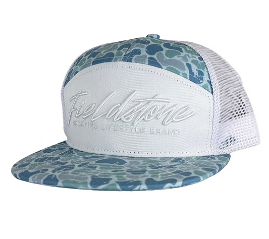 Fieldstone Outdoors Script 7 Panel Blue Backwoods Snapback Hat
