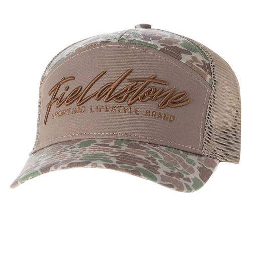 Fieldstone Outdoors Script Logo Camo 7 Panel Snapback Hat