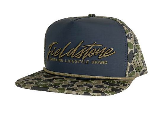 Fieldstone Outdoors Script Logo Backwoods Camo Bill Rope Snapback Hat
