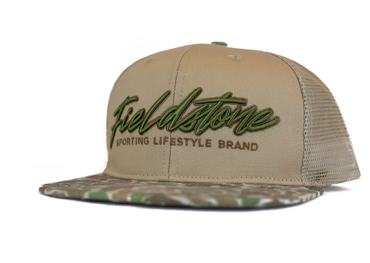 Fieldstone Outdoors Script Logo Camo Bill 6 Panel Snapback Hat