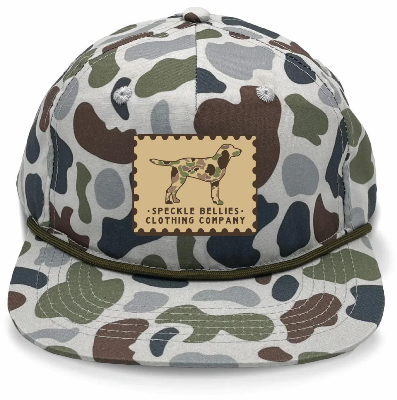 Speckle Bellies Camo Dog Patch Rope Snapback Hat