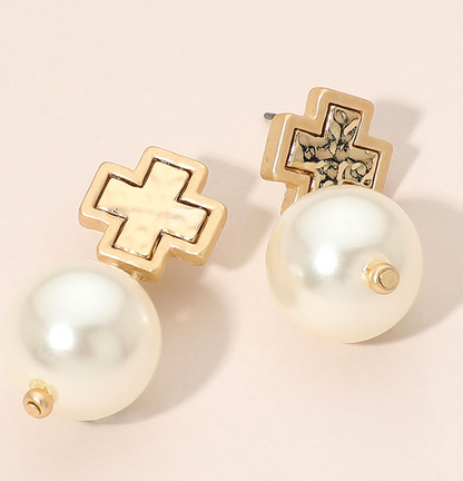 Cross Pearl Drop Studs