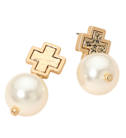 Cross Pearl Drop Studs