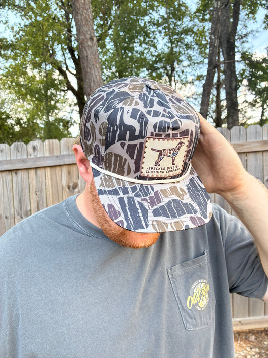 Speckle Bellies Camo Dog Stamp Patch Rope Snapback Hat
