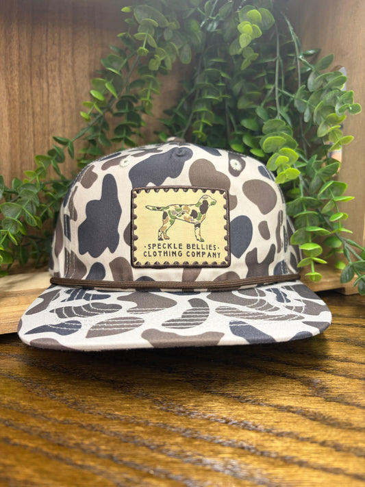 Speckle Bellies Camo Dog Patch Rope Snapback Hat