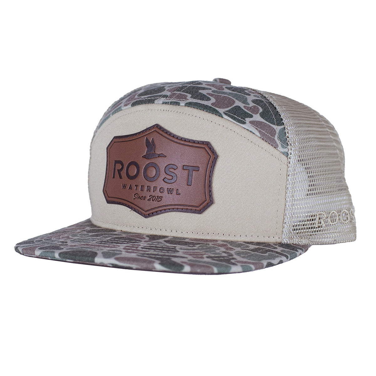Roost Waterfowl Roost Camo Shield Leather Patch 7 Panel Snapback Hat